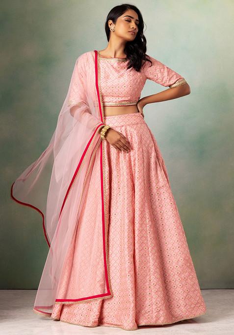 Dull Pink Mirror Embroidered Silk Lehenga Set With Blouse And Mesh Dupatta