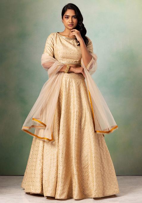 Beige Mirror Embroidered Silk Lehenga Set With Blouse And Mesh Dupatta