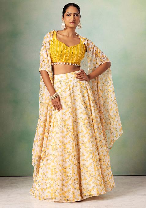 Ivory Floral Print Lehenga Set With Contrast Embroidered Blouse And Cape