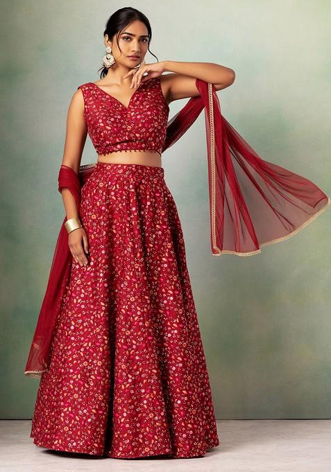 Maroon Floral Embroidered Silk Lehenga Set With Embroidered Blouse And Dupatta