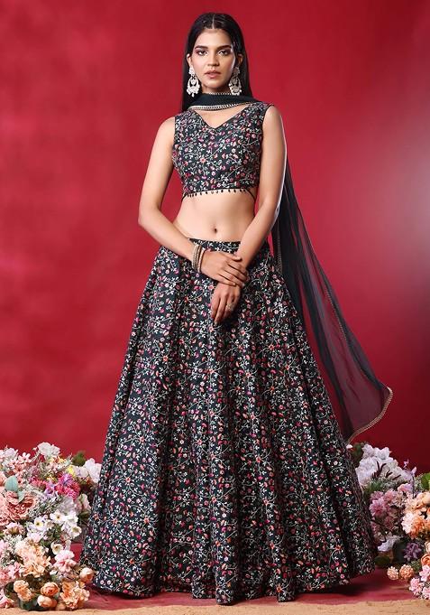 Deep Green Floral Embroidered Silk Lehenga Set With Embroidered Blouse And Dupatta