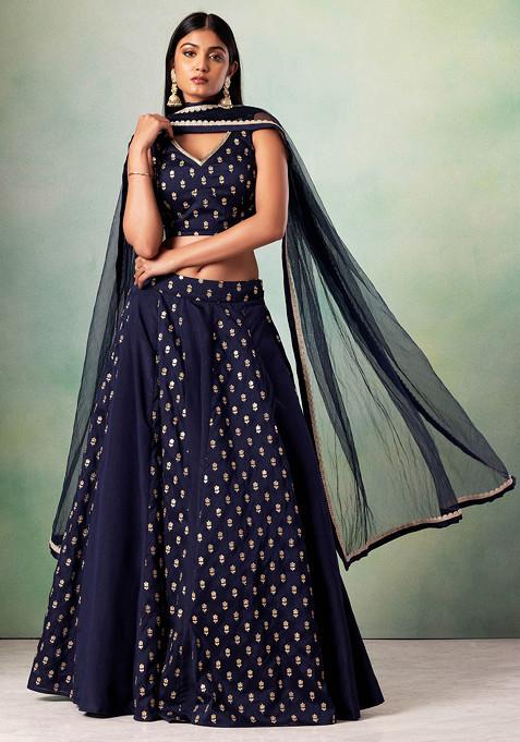 Navy Blue Floral Boota Embroidered Silk Lehenga Set With Embroidered Blouse And Dupatta