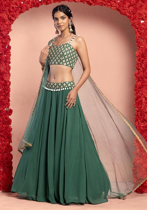 Deep Green Lehenga Set With Floral Zari Embroidered Blouse And Mesh Dupatta