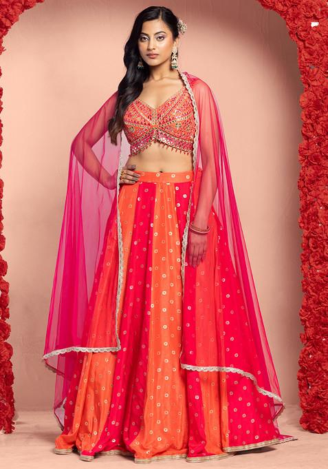 Coral Floral Jacquard Lehenga Set With Zari Mirror Embroidered Blouse And Dupatta