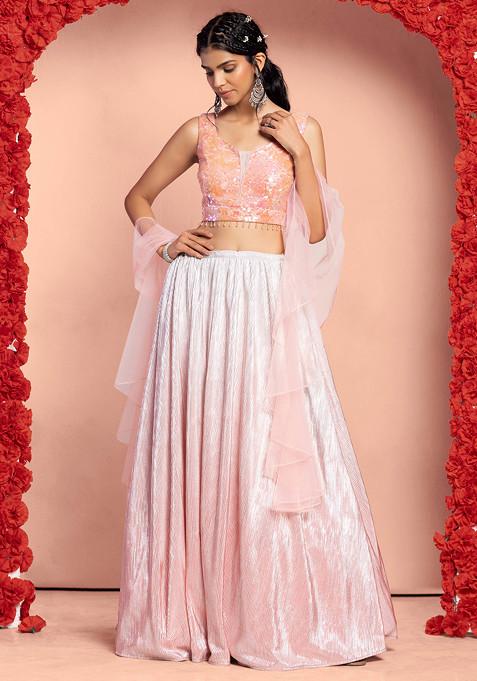 Ivory And Pink Ombre Lehenga Set With Sequin Embroidered Blouse And Dupatta