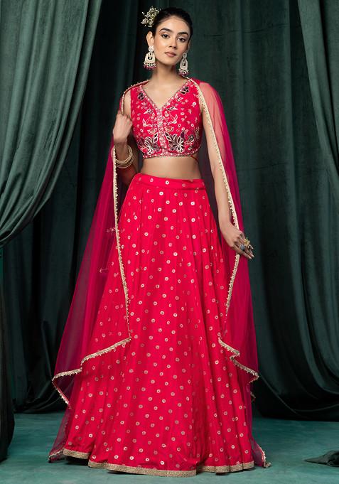 Fuchsia Pink Floral Boota Lehenga Set With Hand Embroidered Blouse And Dupatta