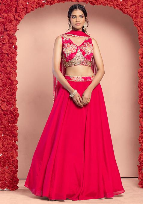 Hot Pink Lehenga Set With Floral Print Zari Embroidered Blouse And Dupatta