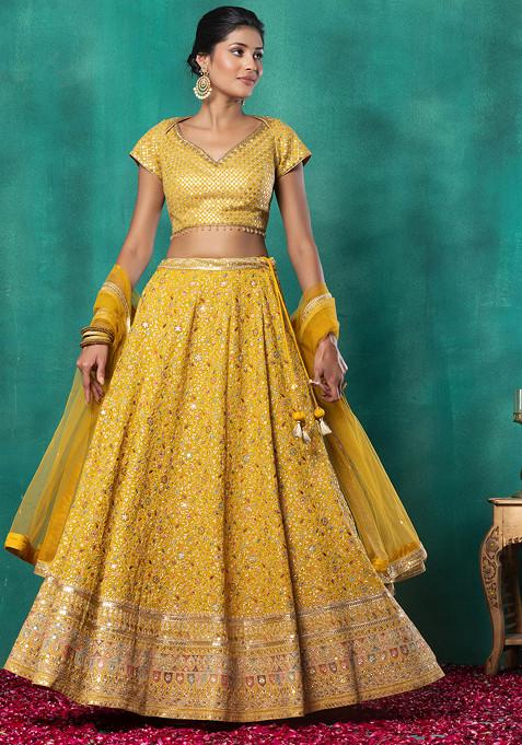 Mustard Floral Multicolour Thread Embroidered Bridal Lehenga Set With Blouse And Dupatta