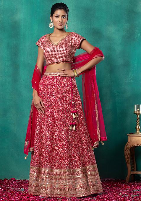 Hot Pink Floral Multicolour Thread Embroidered Bridal Lehenga Set With Blouse And Dupatta