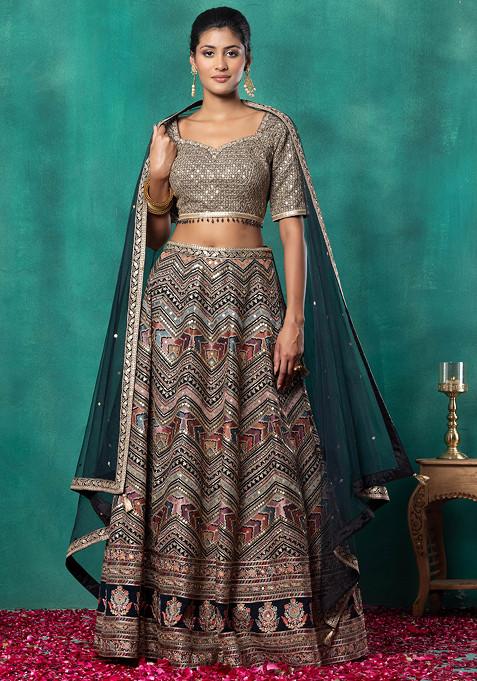 Black Multicolour Chevron Embroidered Bridal Lehenga Set With Embroidered Blouse And Dupatta
