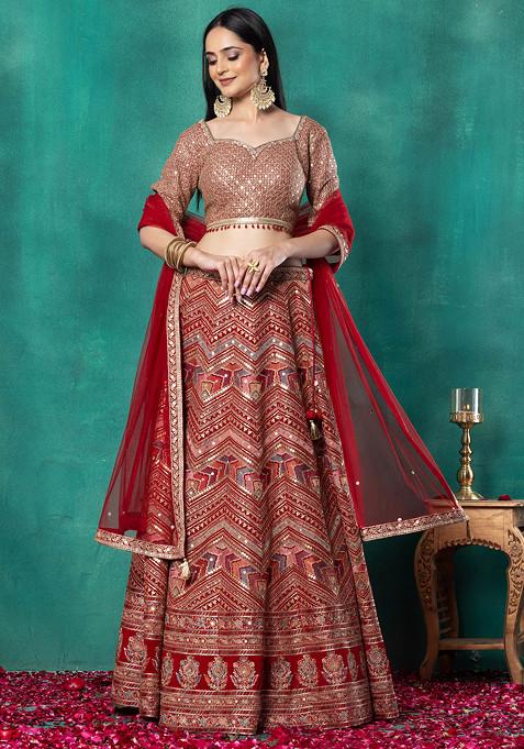 Red Multicolour Chevron Embroidered Bridal Lehenga Set With Embroidered Blouse And Dupatta