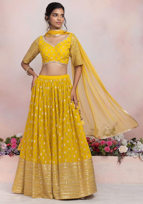 Yellow Sequin Zari Boota Embroidered Lehenga Set With Embroidered Blouse And Dupatta