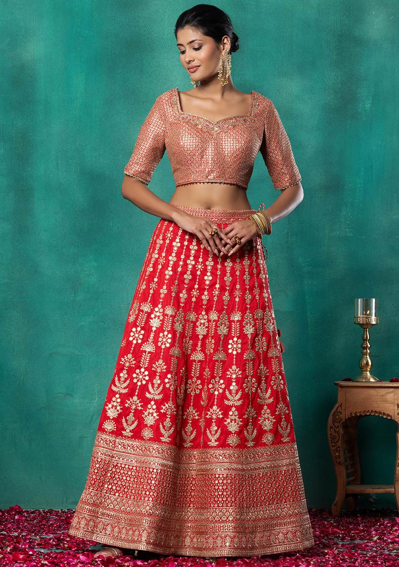 Buy Women Red Floral Zari Sequin Embroidered Bridal Lehenga Set With