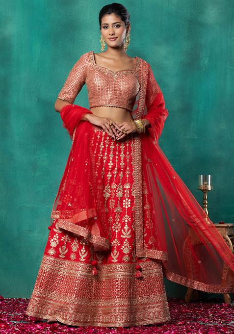 Red Floral Zari Sequin Embroidered Bridal Lehenga Set With Embroidered Blouse And Dupatta