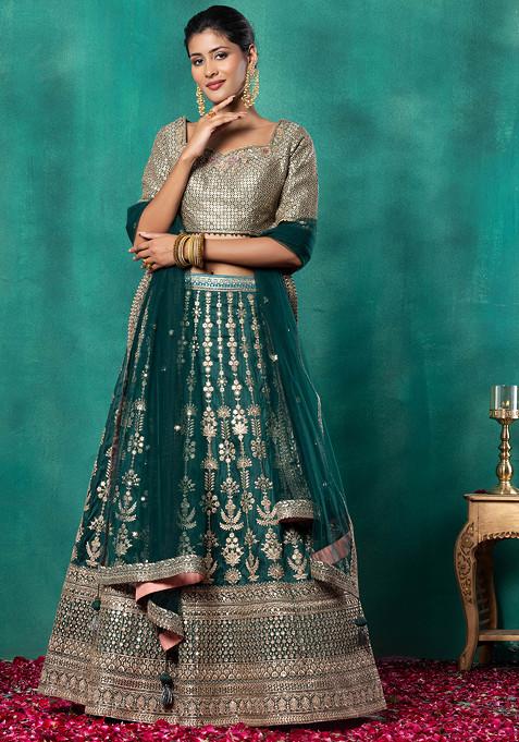 Deep Green Floral Zari Sequin Embroidered Bridal Lehenga Set With Embroidered Blouse And Dupatta