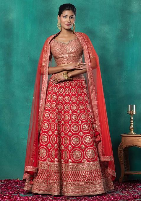 Red Zari Circular Motif Embroidered Bridal Lehenga Set With Embroidered Blouse And Dupatta