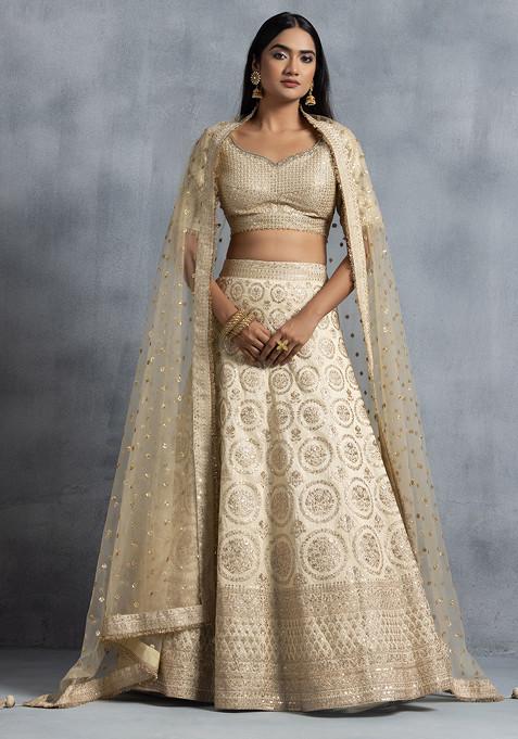 Beige Zari Circular Motif Embroidered Bridal Lehenga Set With Embroidered Blouse And Dupatta