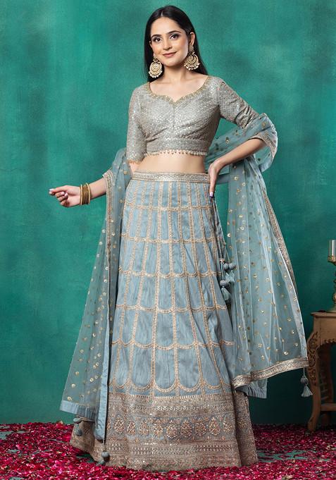 Sage Green Zari Sequin Grid Embroidered Bridal Lehenga Set With Embroidered Blouse And Dupatta