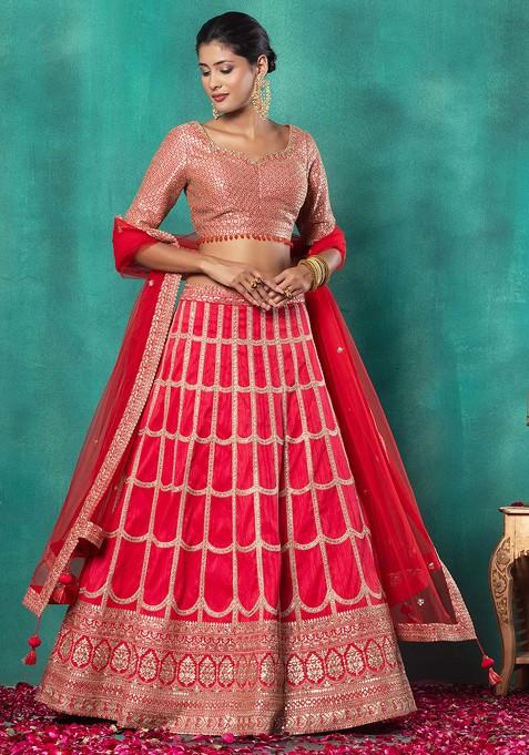 Red Zari Sequin Grid Embroidered Bridal Lehenga Set With Embroidered Blouse And Dupatta