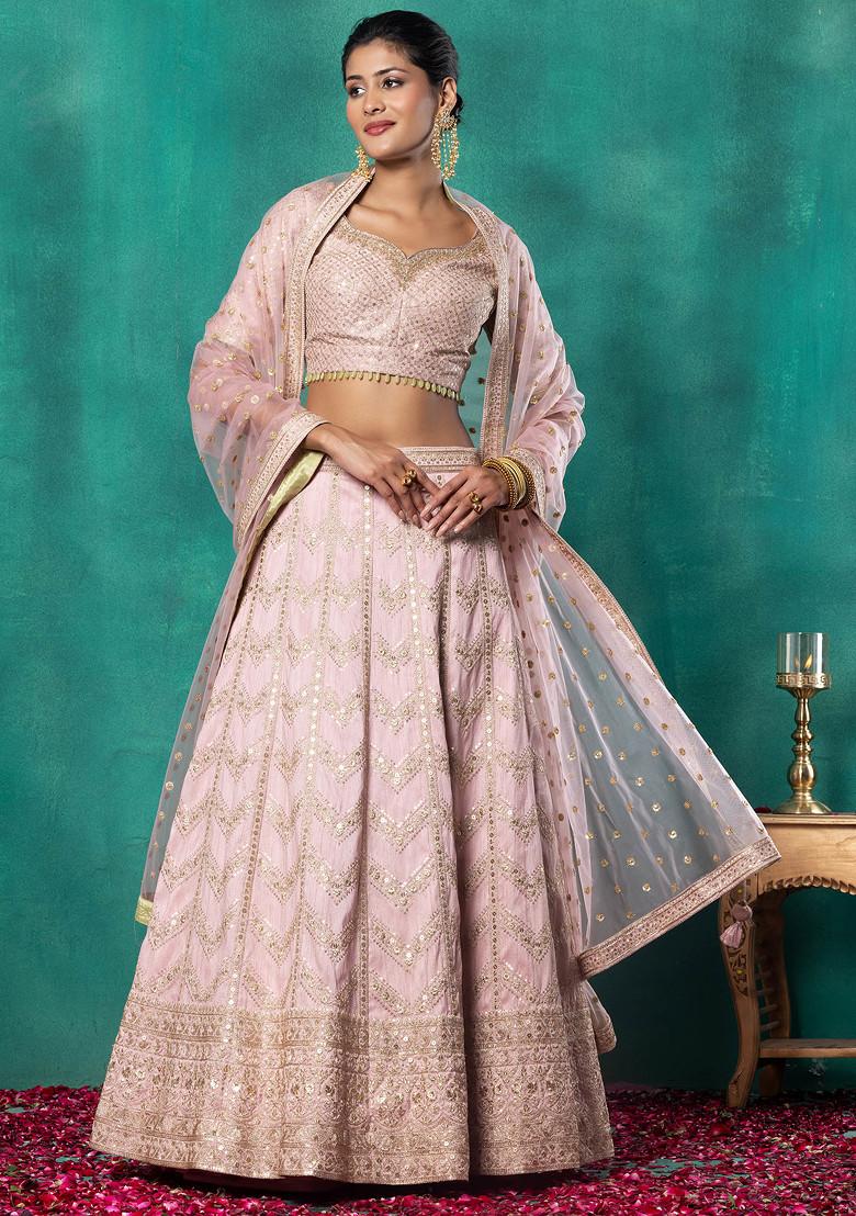 Buy Women Pastel Pink Chevron Sequin Embroidered Bridal Lehenga Set