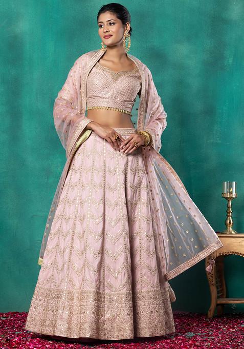 Pastel Pink Chevron Sequin Embroidered Bridal Lehenga Set With Embroidered Blouse And Dupatta