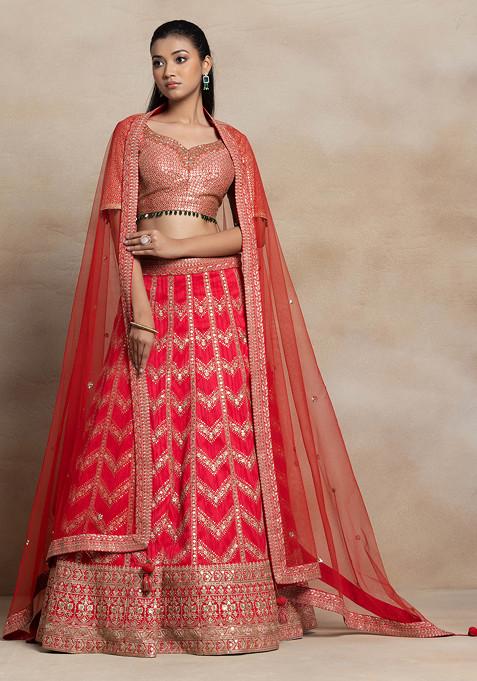 Red Chevron Sequin Embroidered Bridal Lehenga Set With Embroidered Blouse And Dupatta