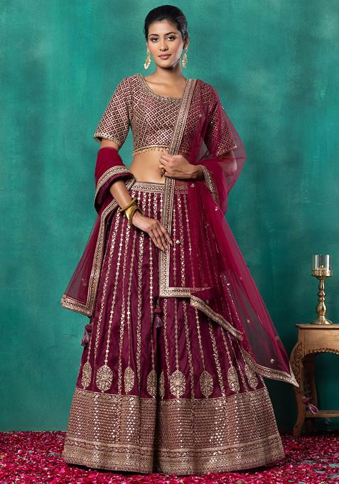 Burgundy Floral Zari Embroidered Bridal Lehenga Set With Embroidered Blouse And Dupatta