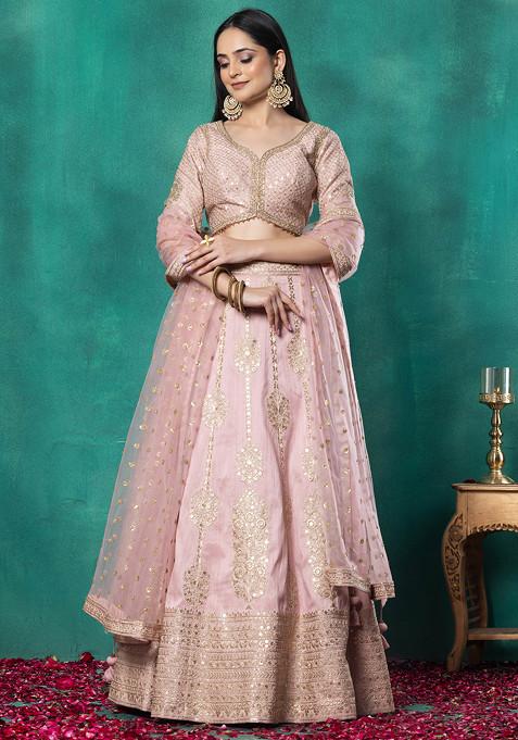 Pastel Pink Floral Zari Embroidered Bridal Lehenga Set With Embroidered Blouse And Dupatta