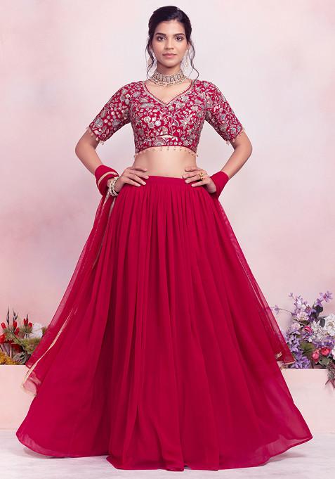 Magenta Pink Lehenga Set With Multicolour Floral Thread Embroidered Blouse And Dupatta