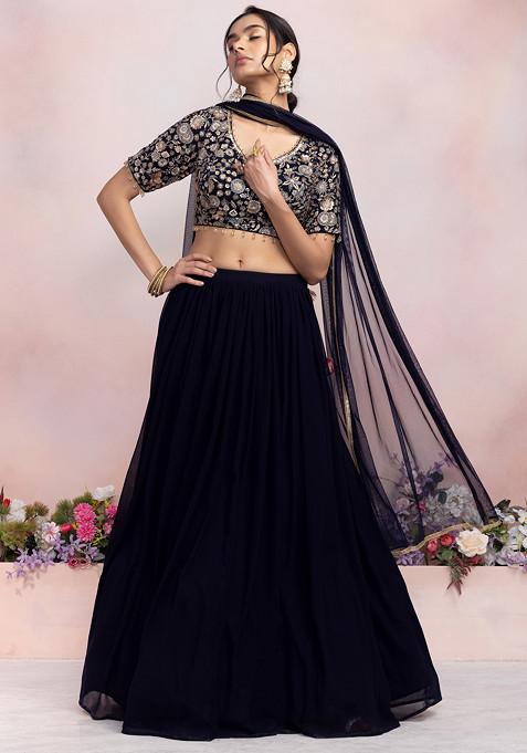 Navy Blue Lehenga Set With Multicolour Floral Thread Embroidered Blouse And Dupatta