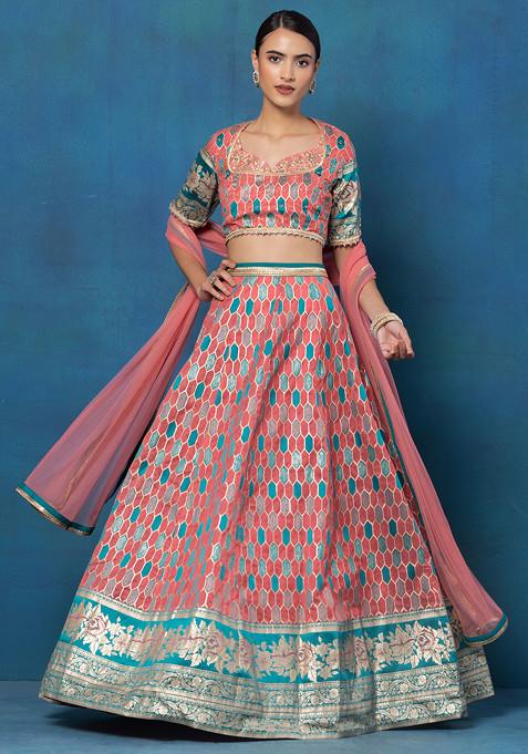 Coral Pink Geometric Brocade Bridal Lehenga Set With Hand Embroidered Blouse And Dupatta