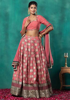 Pink Geometric Brocade Bridal Lehenga Set With Zari Embroidered Blouse And Dupatta
