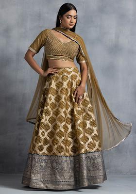 Yellow Geometric Brocade Bridal Lehenga Set With Sequin Hand Embellished Blouse And Dupatta