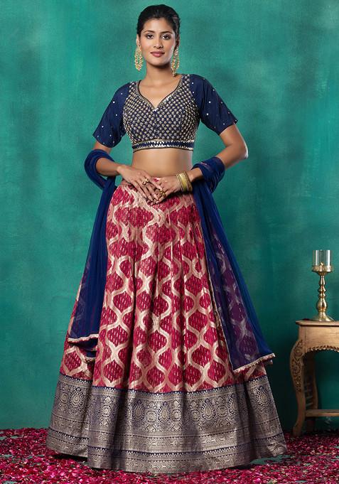 Coral Pink Geometric Brocade Bridal Lehenga Set With Sequin Hand Embellished Blouse And Dupatta