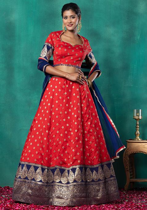 Red Floral Brocade Bridal Lehenga Set With Hand Embellished Blouse And Dupatta