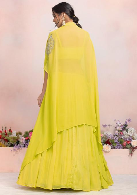 Lime Cascade Drape Lehenga with Hand-Embroidered Designer Blouse main image 1
