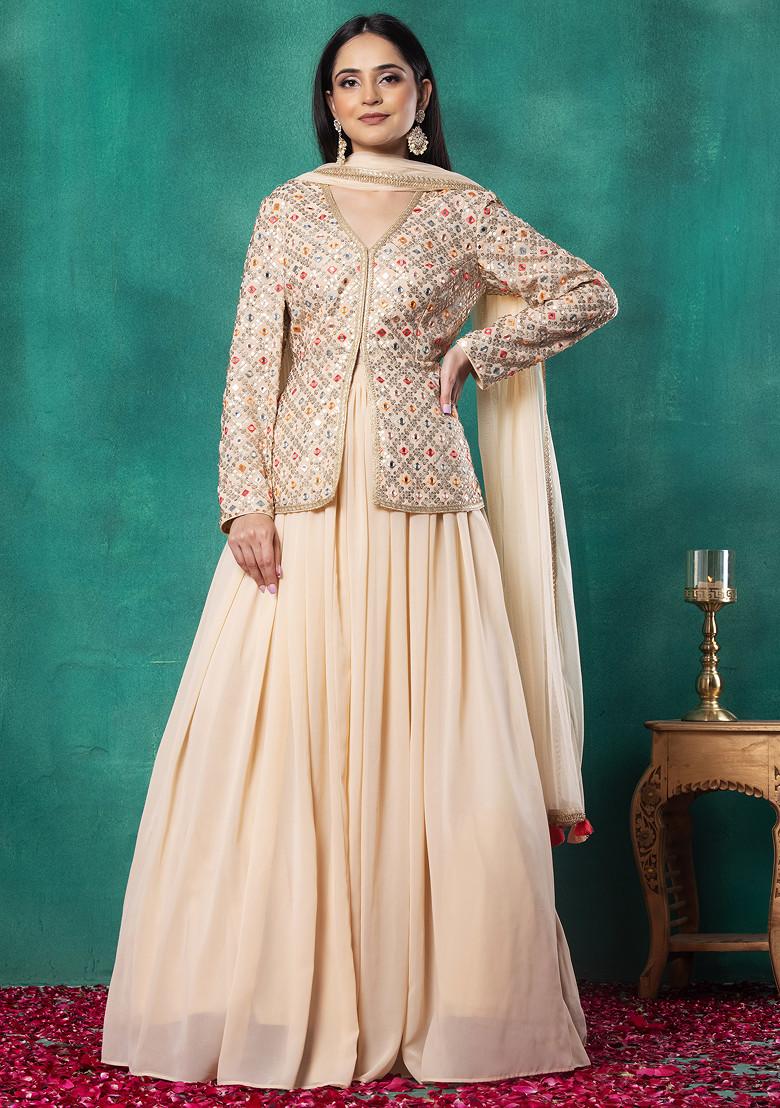 Simple Jacket Wala Lehenga Lehenga Choli Golden Long Jacket Cheap