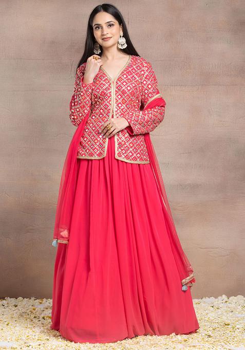Pink Lehenga Set With Mirror Sequin Embroidered Short Jacket And Dupatta