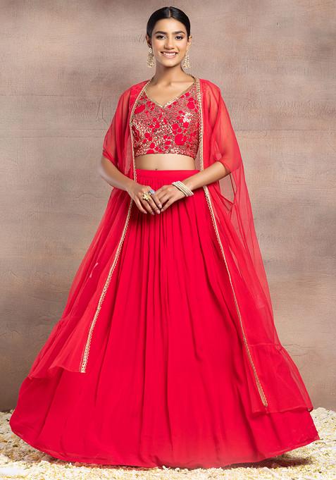 Hot Pink Lehenga Set With Sequin Embroidered Blouse And Mesh Cape