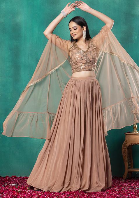 Rusty Rose Lehenga Set With Sequin Embroidered Blouse And Mesh Cape