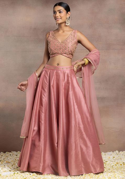 Rusty Rose Silk Lehenga Set With Hand Embroidered Blouse And Dupatta