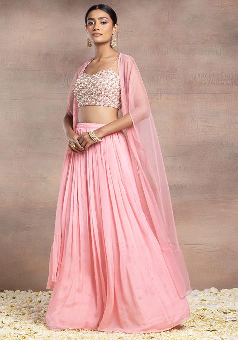 Pastel Pink Lehenga Set With Sequin Pearl Embroidered Blouse And Mesh Jacket