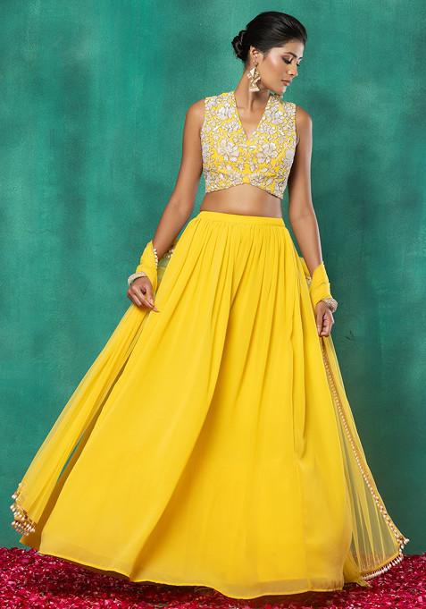 Yellow Lehenga Set With Floral Sequin Hand Embroidered Blouse And Dupatta