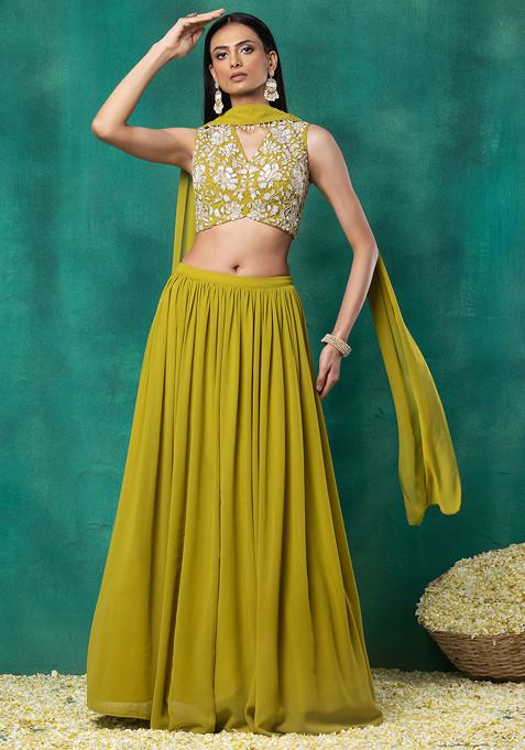 Lime Green Lehenga Set With Floral Sequin Embroidered Blouse And Choker Dupatta
