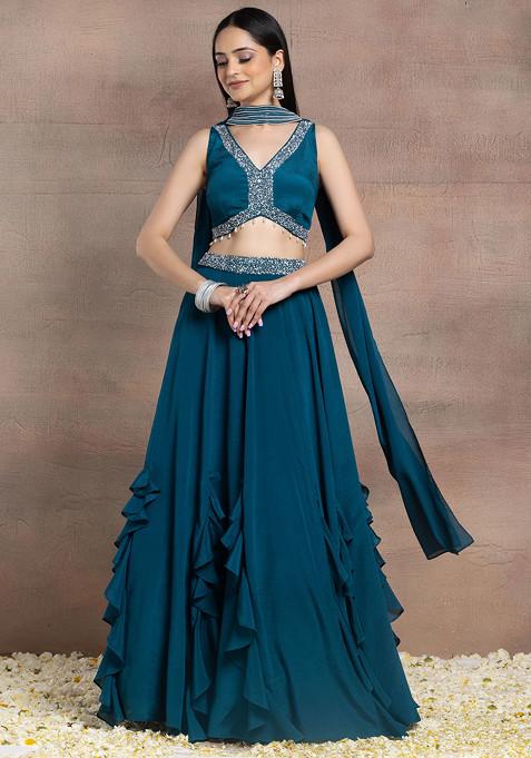 Teal Blue Ruffled Lehenga Set With Sequin Pearl Embroidered Blouse And Dupatta