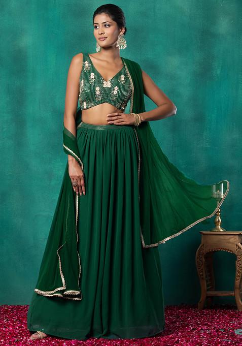 Forest Green Lehenga Set With Sequin Bead Embroidered Blouse And Dupatta