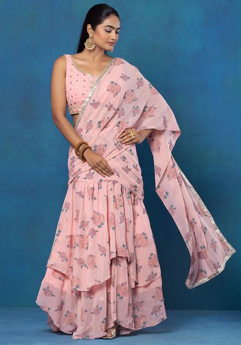 Pastel Pink Floral Print Pre-Stitched Saree Set With Mirror Embroidered Blouse