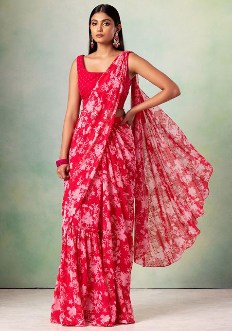 Pink Floral Print Pre-Stitched Saree Set With Hand Embroidered Blouse