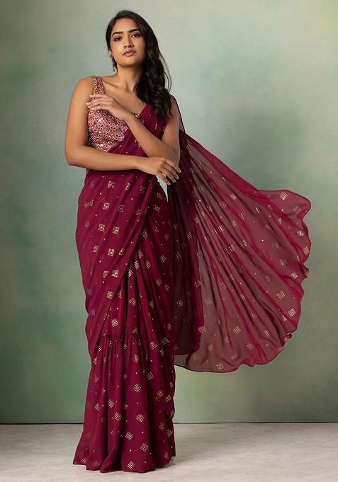 Wine Mukaish Ruffled Pre-Stitched Saree Set With Gota Embroidered Silk Blouse