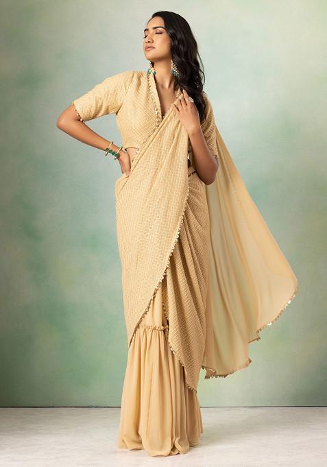Beige Thread Embroidered Pre-Stitched Saree Set With Embroidered Blouse